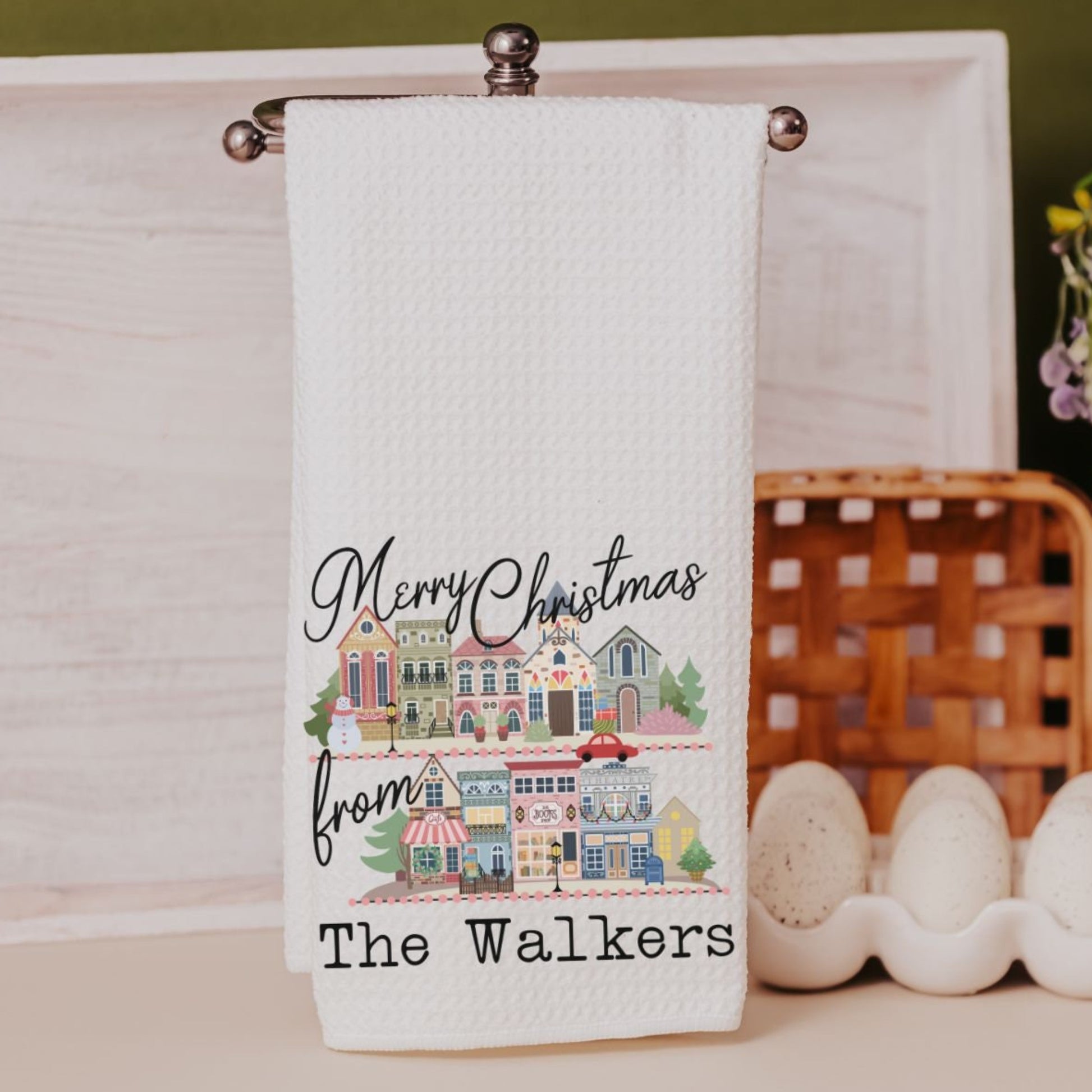 Personalized name holiday kitchen towel