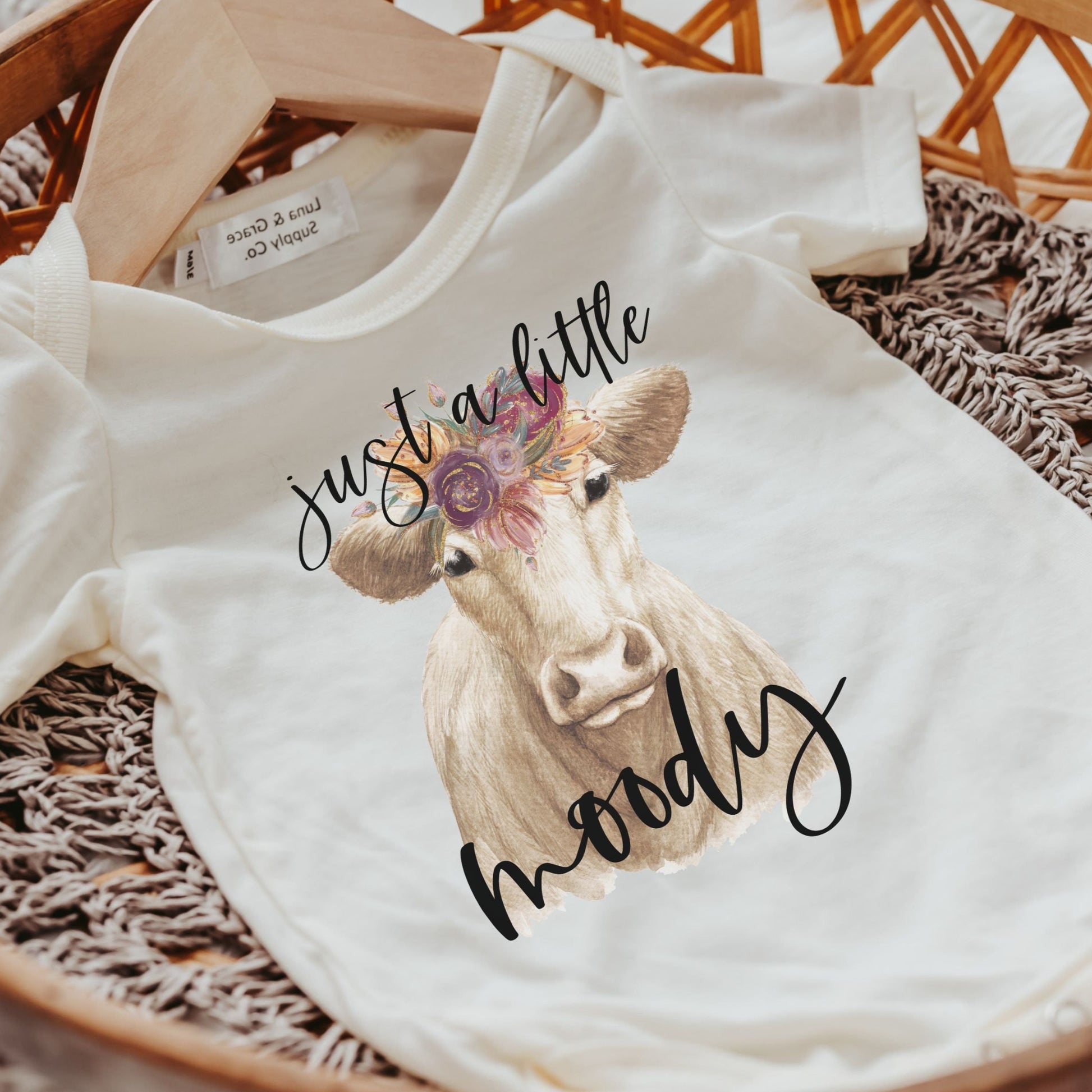 Just a little moody funny cow baby bodysuit