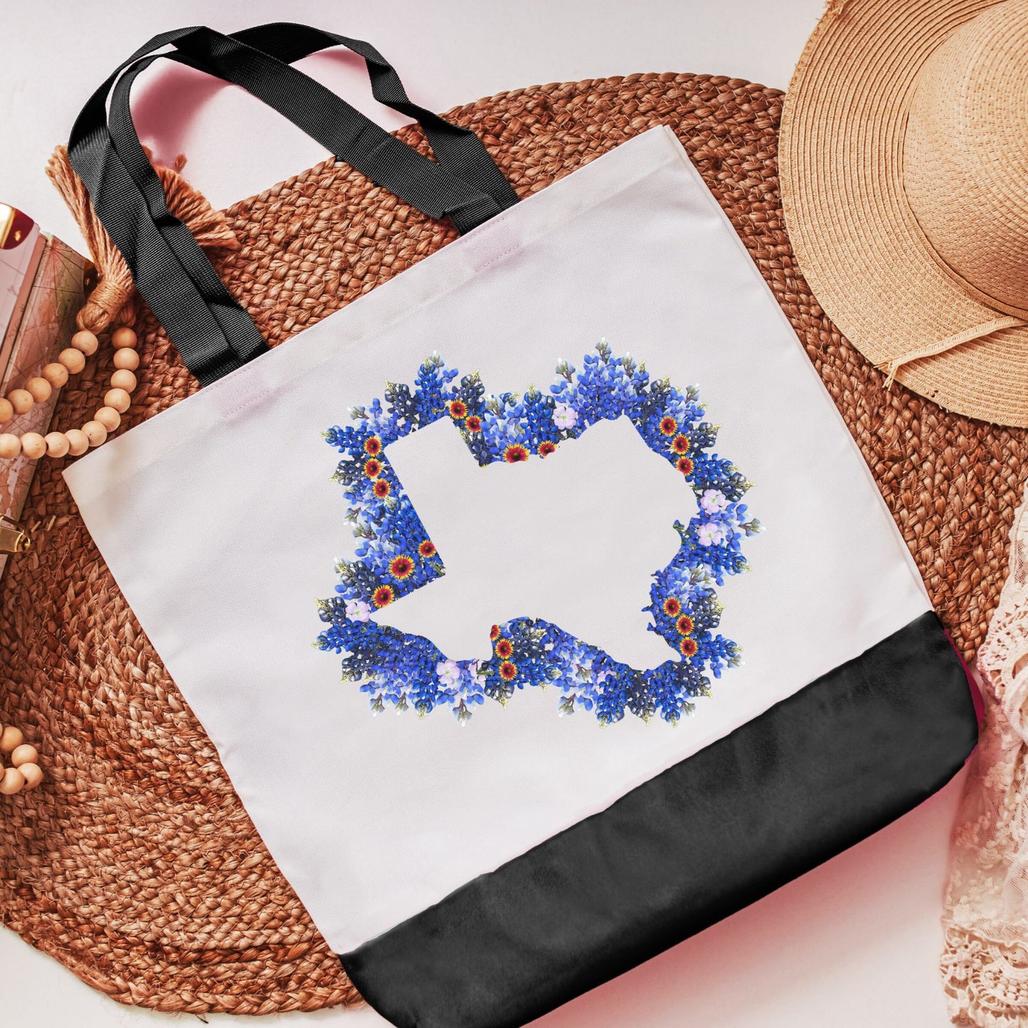 Outline of Texas in Bluebonnets tote bag - Black