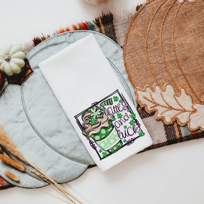 lattes and love green latte St Patricks Day kitchen towels