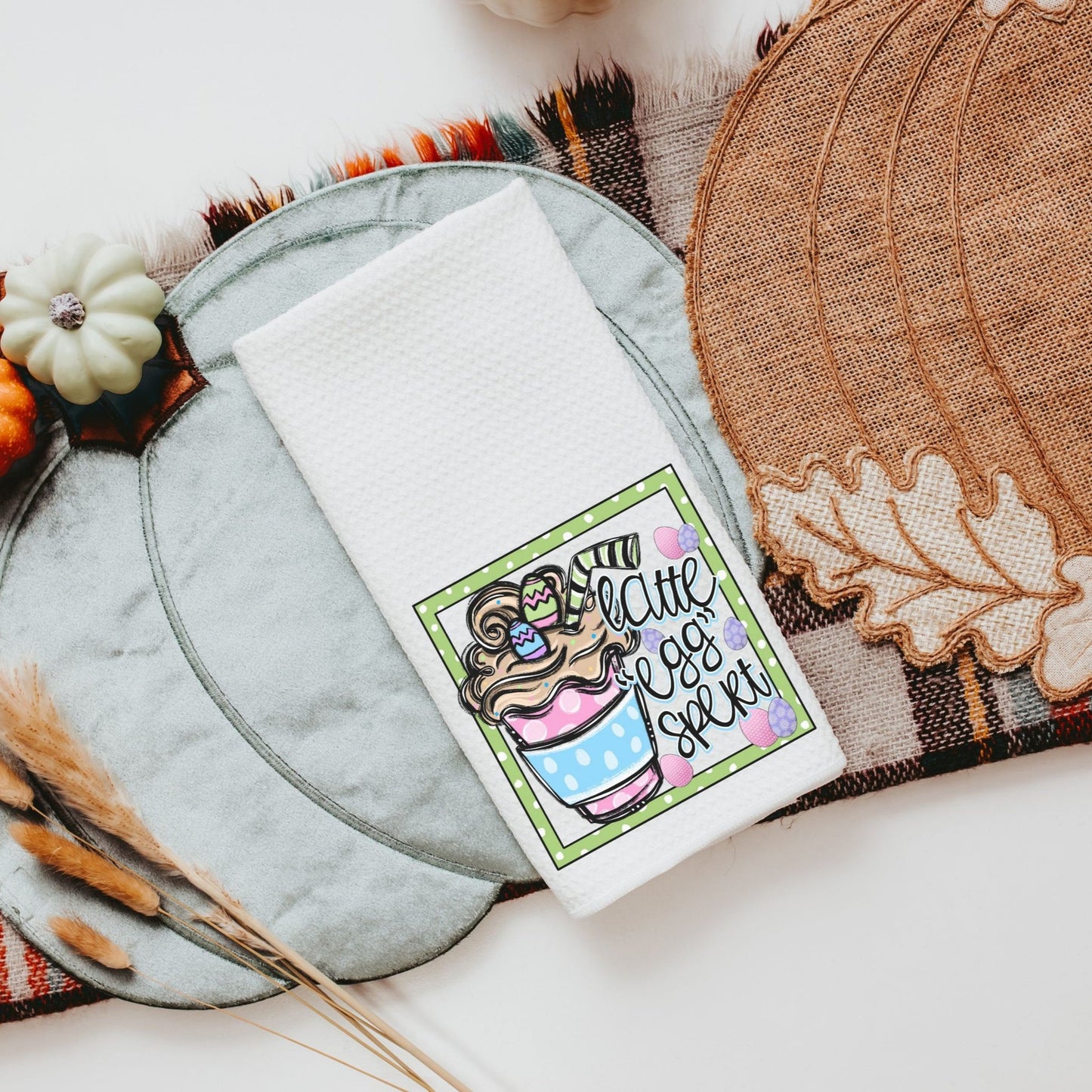 lattes and love latte Easter kitchen towels
